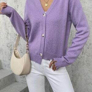 Shein V-neck Knit Sweater Cardigan Button Down Asymmetrical Distressed Hem Lilac